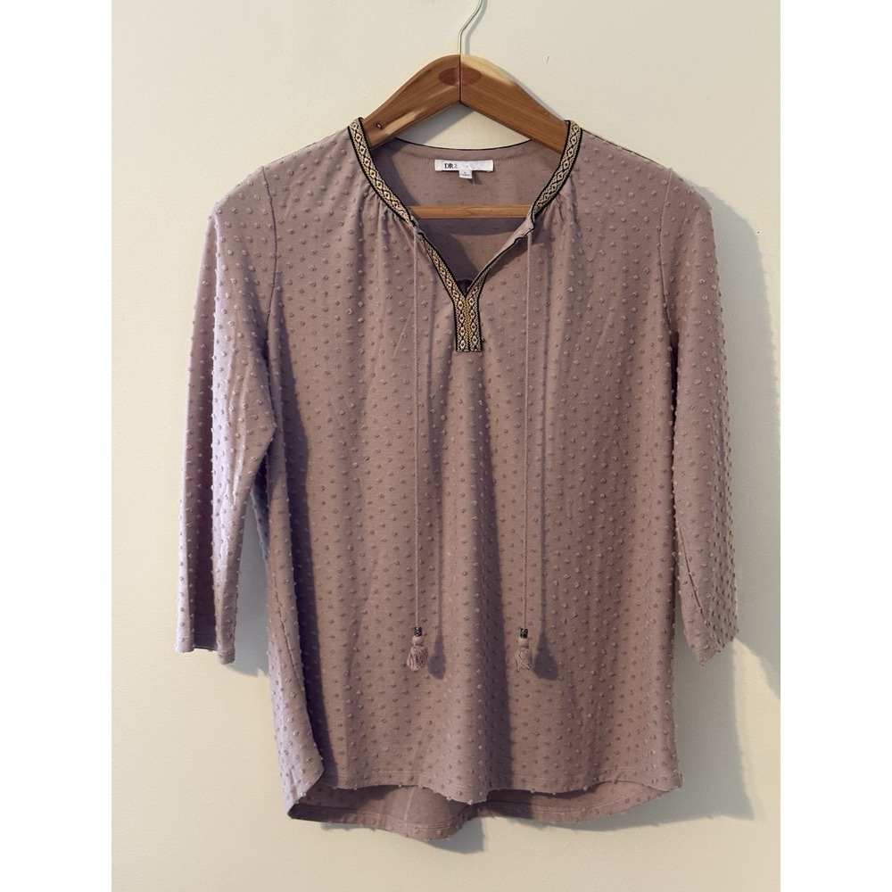 DR2‎ Women's Mauve Textured Dot Tunic Blouse L Embroidered Tassel Boho
